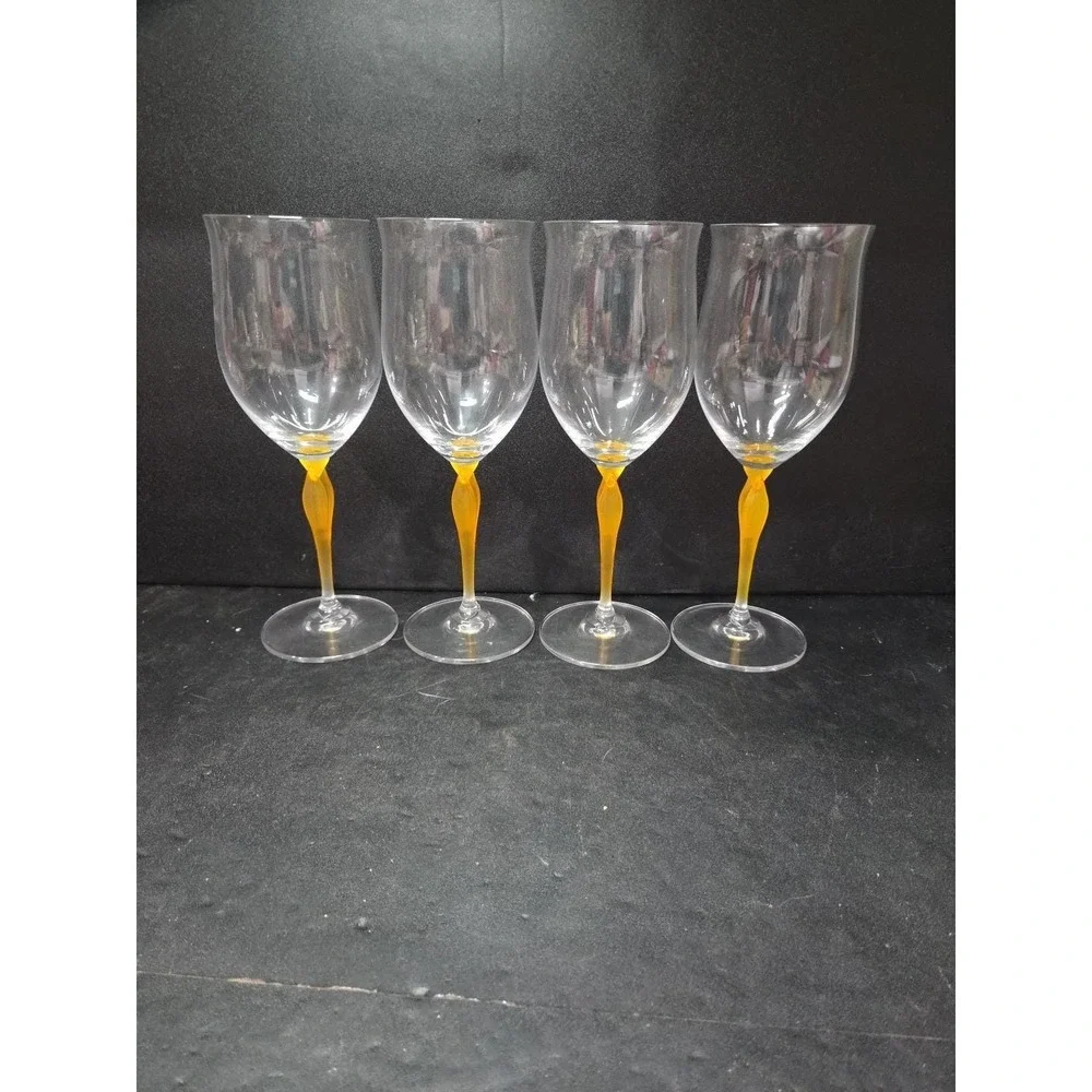 Mikasa Crystal Tuscan Wine Glasses, Yellow‎ Stem, Set of 4, Art Deco Drinkware